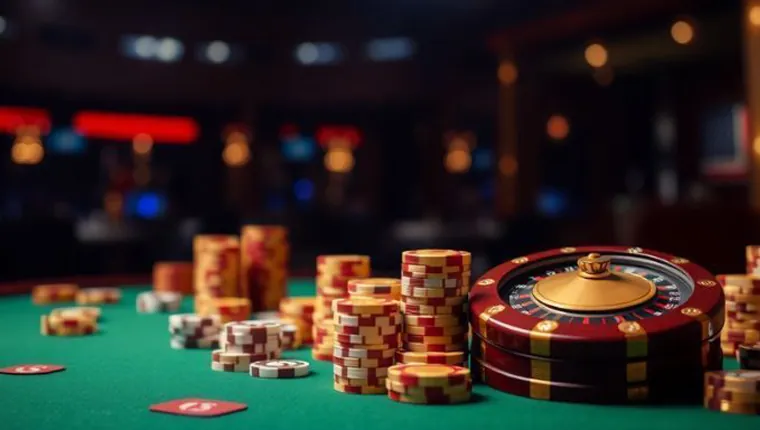 Hand reaching for golden poker chips with bonus symbols
