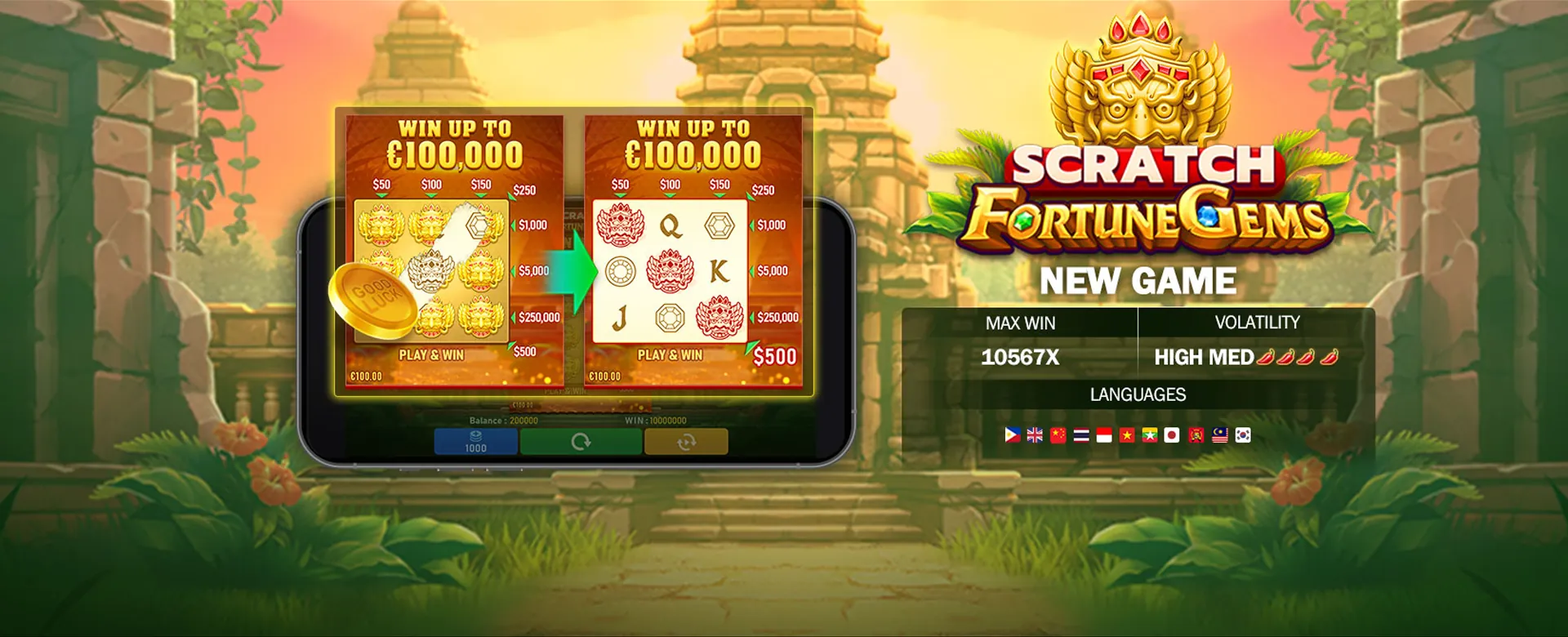 Player enjoying a diverse range of arcade games on a vibrant gaming platform, surrounded by digital effects and golden coins.